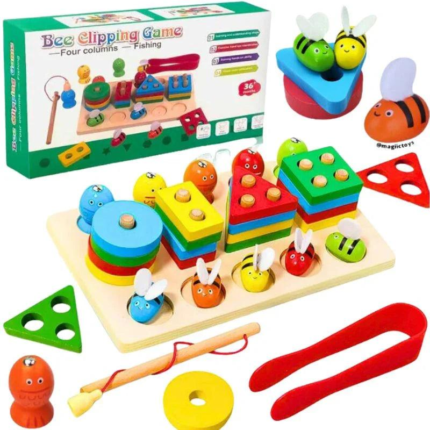 3 in 1 Wooden Toy – 4 Column Stacking, Fishing Game & Bee Clipping Educational Set for Kids
