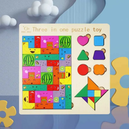 3D Puzzles 3 in 1 Wooden Puzzle Toy – Color & Shape Cognition Brain Game for Kids